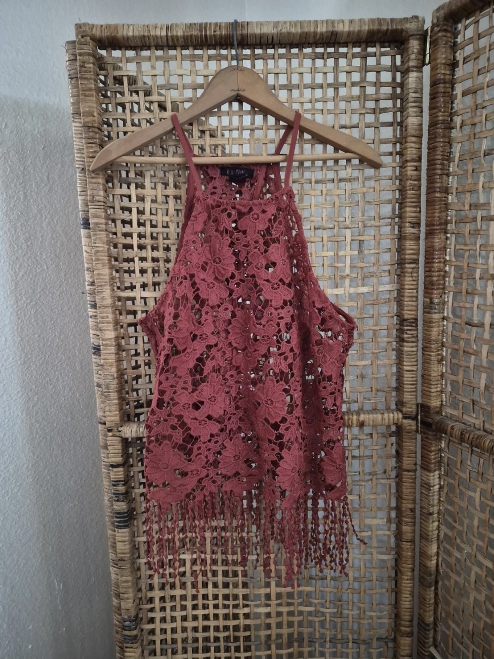 Source Unknown Rust Lace Crochet Fringe Halter Camisole